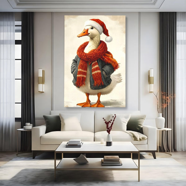 Tablou Canvas Premium, LuxCanva® D1073, Mos Rata,  Craciun, Caciula, Fular, Rosu, Geaca, Haios, Originalitate, Umor, Veselie, Pene, Plimbare, Ograda, Fashion, Copilarie, Camera Copil, Living, Dormitor