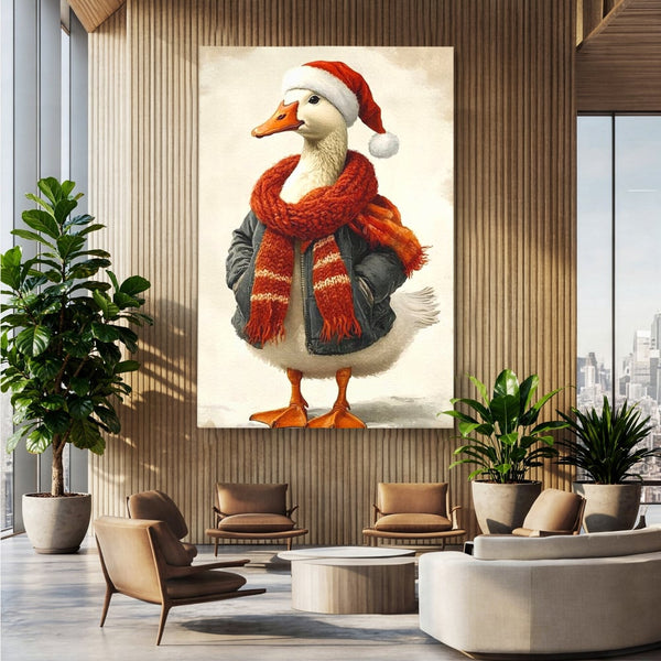 Tablou Canvas Premium, LuxCanva® D1073, Mos Rata,  Craciun, Caciula, Fular, Rosu, Geaca, Haios, Originalitate, Umor, Veselie, Pene, Plimbare, Ograda, Fashion, Copilarie, Camera Copil, Living, Dormitor