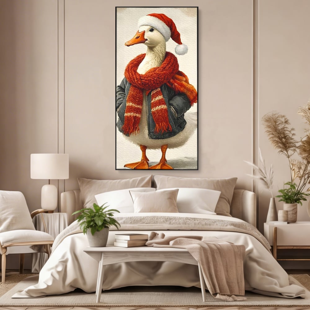 Tablou Canvas Premium, LuxCanva® D1073, Mos Rata,  Craciun, Caciula, Fular, Rosu, Geaca, Haios, Originalitate, Umor, Veselie, Pene, Plimbare, Ograda, Fashion, Copilarie, Camera Copil, Living, Dormitor