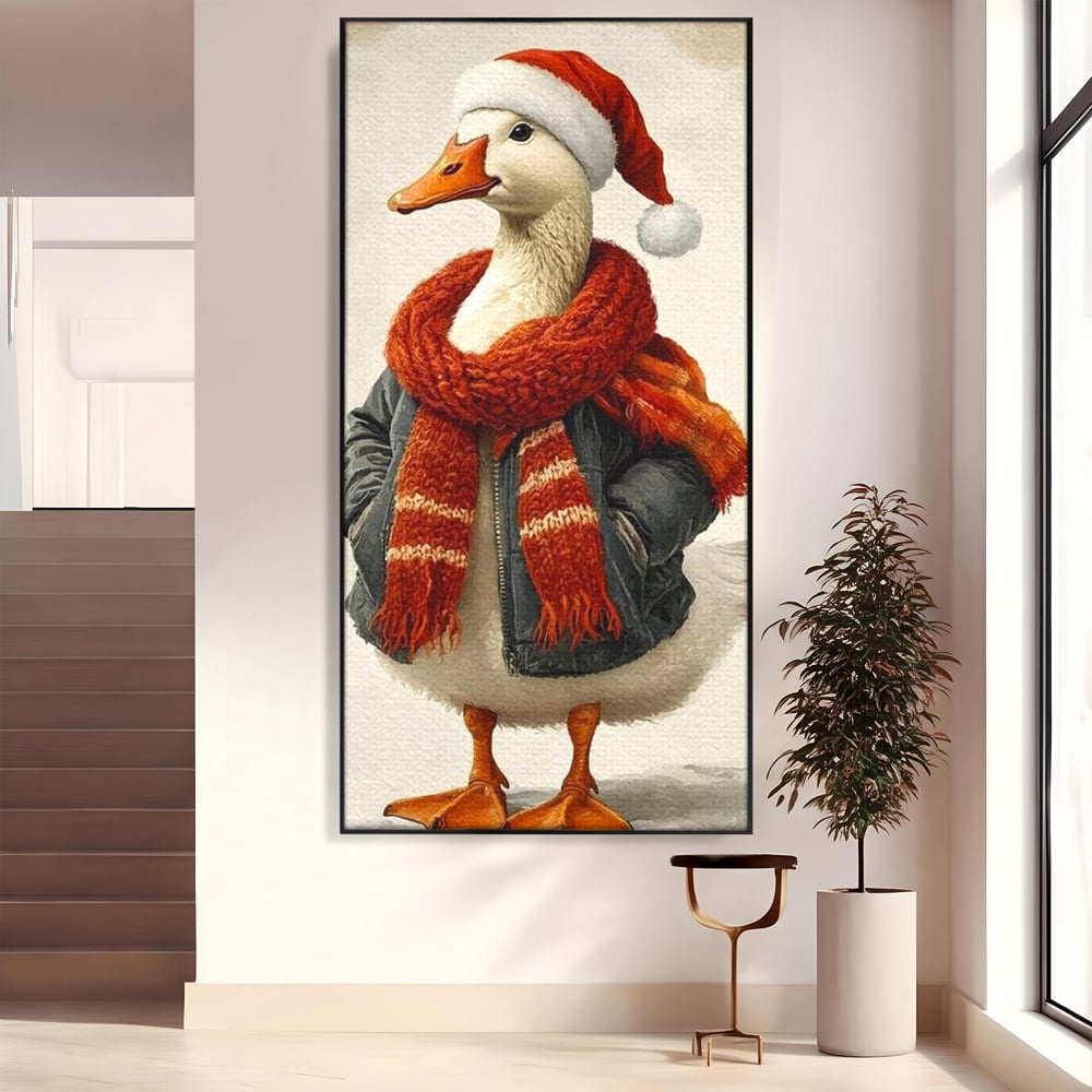 Tablou Canvas Premium, LuxCanva® D1073, Mos Rata,  Craciun, Caciula, Fular, Rosu, Geaca, Haios, Originalitate, Umor, Veselie, Pene, Plimbare, Ograda, Fashion, Copilarie, Camera Copil, Living, Dormitor