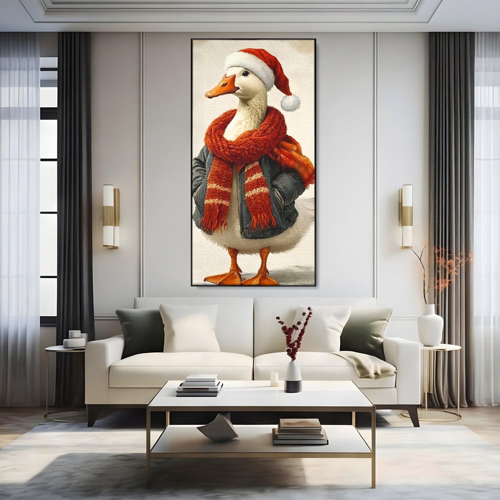 Tablou Canvas Premium, LuxCanva® D1073, Mos Rata,  Craciun, Caciula, Fular, Rosu, Geaca, Haios, Originalitate, Umor, Veselie, Pene, Plimbare, Ograda, Fashion, Copilarie, Camera Copil, Living, Dormitor