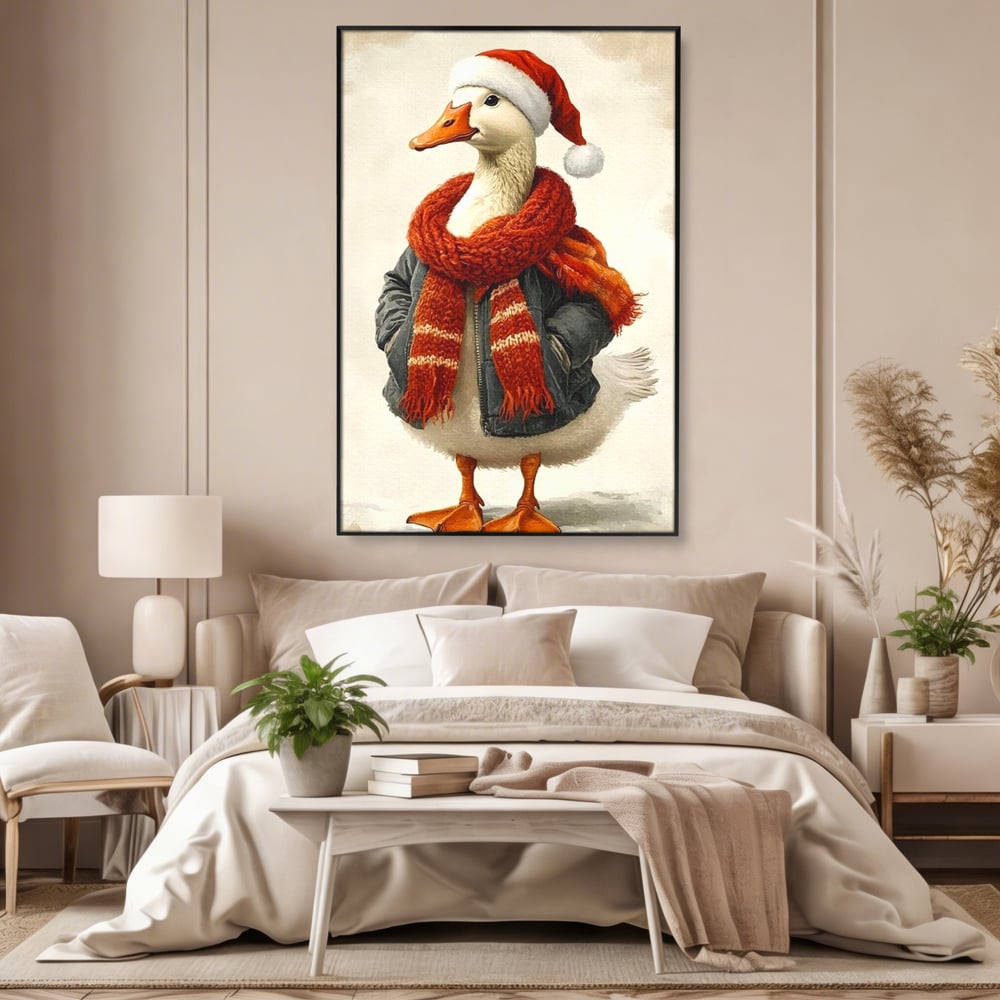Tablou Canvas Premium, LuxCanva® D1073, Mos Rata,  Craciun, Caciula, Fular, Rosu, Geaca, Haios, Originalitate, Umor, Veselie, Pene, Plimbare, Ograda, Fashion, Copilarie, Camera Copil, Living, Dormitor