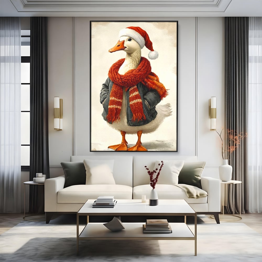 Tablou Canvas Premium, LuxCanva® D1073, Mos Rata,  Craciun, Caciula, Fular, Rosu, Geaca, Haios, Originalitate, Umor, Veselie, Pene, Plimbare, Ograda, Fashion, Copilarie, Camera Copil, Living, Dormitor