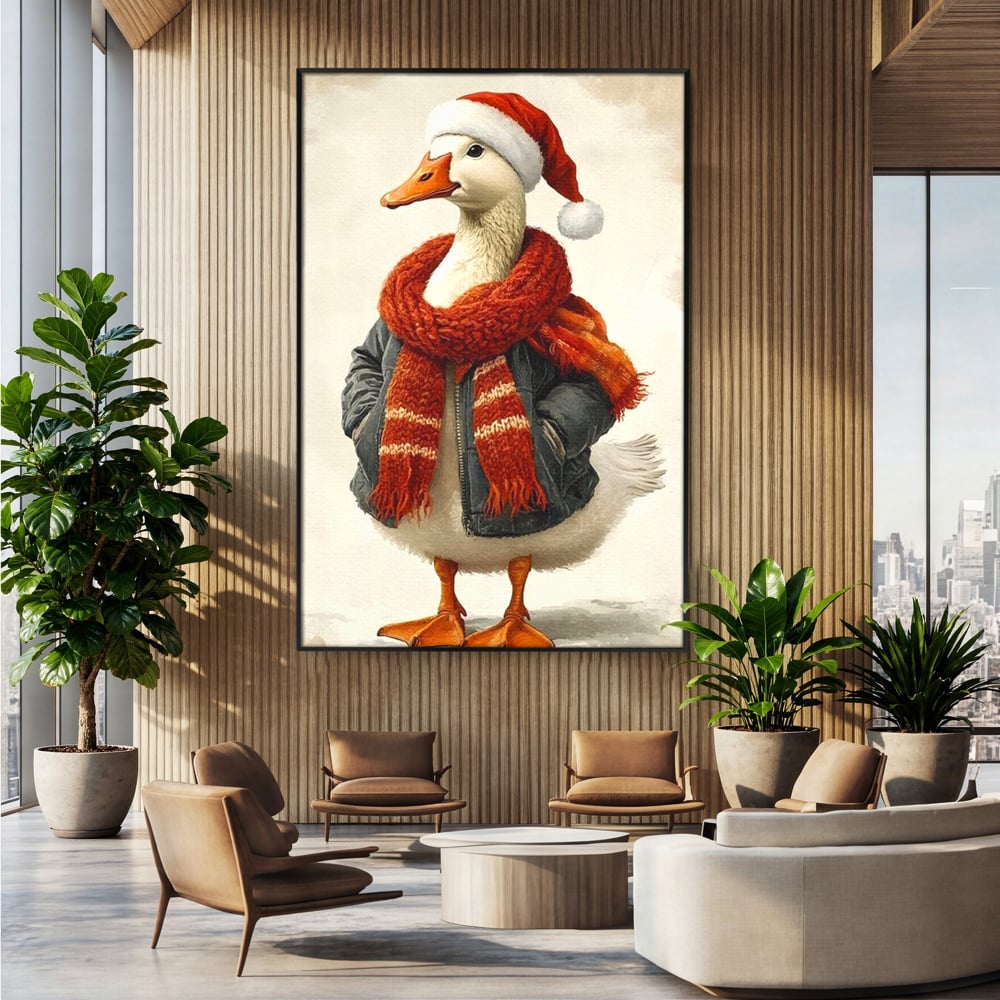 Tablou Canvas Premium, LuxCanva® D1073, Mos Rata,  Craciun, Caciula, Fular, Rosu, Geaca, Haios, Originalitate, Umor, Veselie, Pene, Plimbare, Ograda, Fashion, Copilarie, Camera Copil, Living, Dormitor