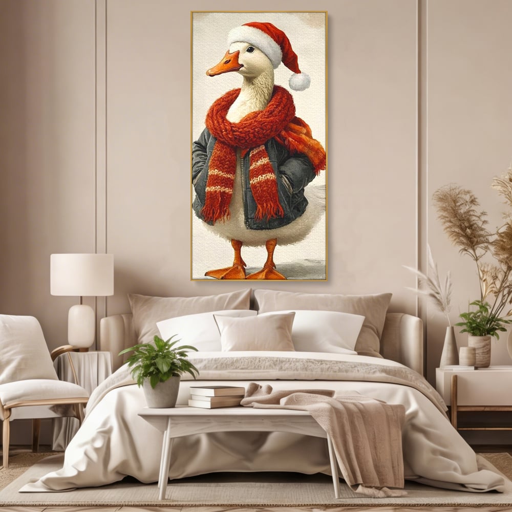 Tablou Canvas Premium, LuxCanva® D1073, Mos Rata,  Craciun, Caciula, Fular, Rosu, Geaca, Haios, Originalitate, Umor, Veselie, Pene, Plimbare, Ograda, Fashion, Copilarie, Camera Copil, Living, Dormitor