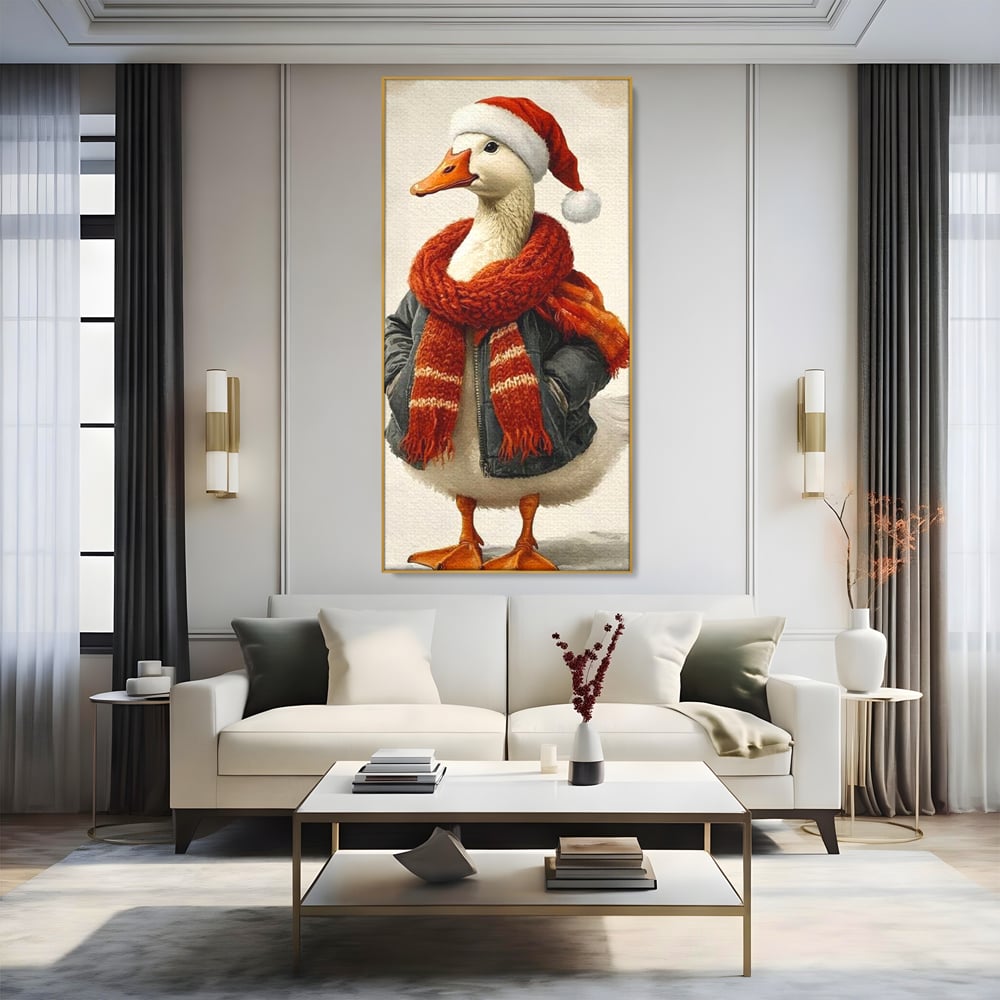 Tablou Canvas Premium, LuxCanva® D1073, Mos Rata,  Craciun, Caciula, Fular, Rosu, Geaca, Haios, Originalitate, Umor, Veselie, Pene, Plimbare, Ograda, Fashion, Copilarie, Camera Copil, Living, Dormitor