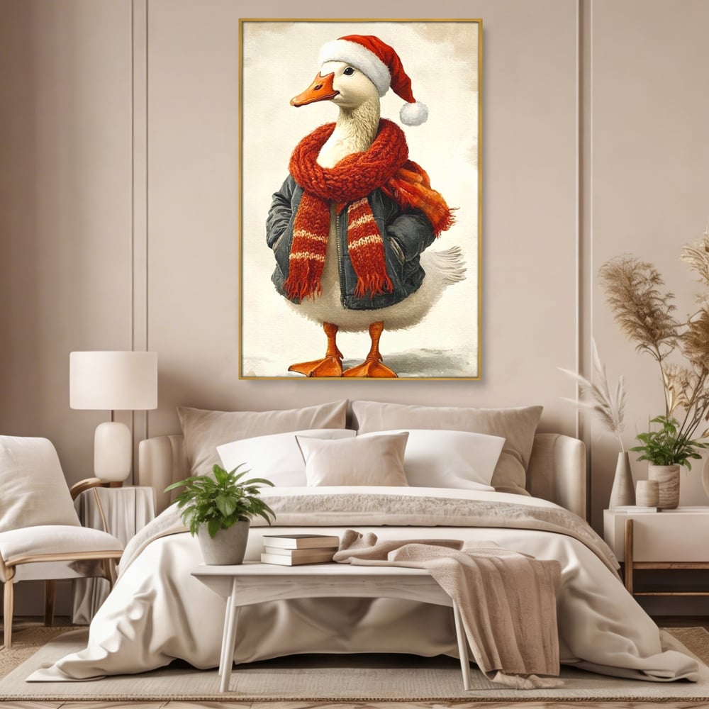 Tablou Canvas Premium, LuxCanva® D1073, Mos Rata,  Craciun, Caciula, Fular, Rosu, Geaca, Haios, Originalitate, Umor, Veselie, Pene, Plimbare, Ograda, Fashion, Copilarie, Camera Copil, Living, Dormitor