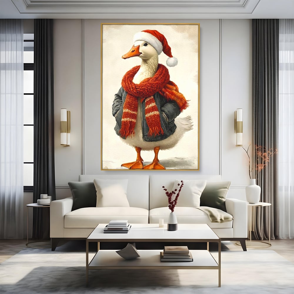 Tablou Canvas Premium, LuxCanva® D1073, Mos Rata,  Craciun, Caciula, Fular, Rosu, Geaca, Haios, Originalitate, Umor, Veselie, Pene, Plimbare, Ograda, Fashion, Copilarie, Camera Copil, Living, Dormitor