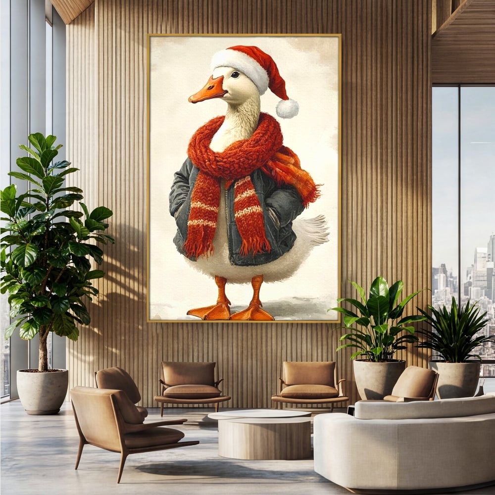 Tablou Canvas Premium, LuxCanva® D1073, Mos Rata,  Craciun, Caciula, Fular, Rosu, Geaca, Haios, Originalitate, Umor, Veselie, Pene, Plimbare, Ograda, Fashion, Copilarie, Camera Copil, Living, Dormitor