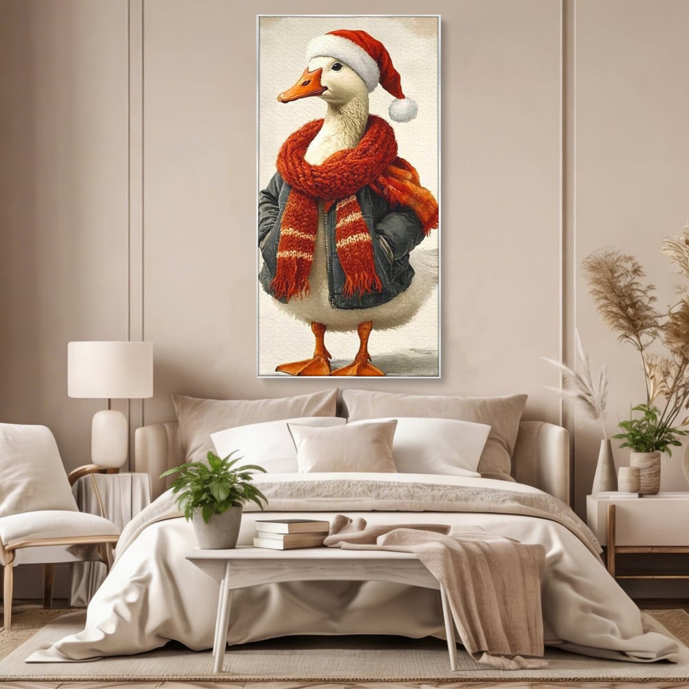 Tablou Canvas Premium, LuxCanva® D1073, Mos Rata,  Craciun, Caciula, Fular, Rosu, Geaca, Haios, Originalitate, Umor, Veselie, Pene, Plimbare, Ograda, Fashion, Copilarie, Camera Copil, Living, Dormitor