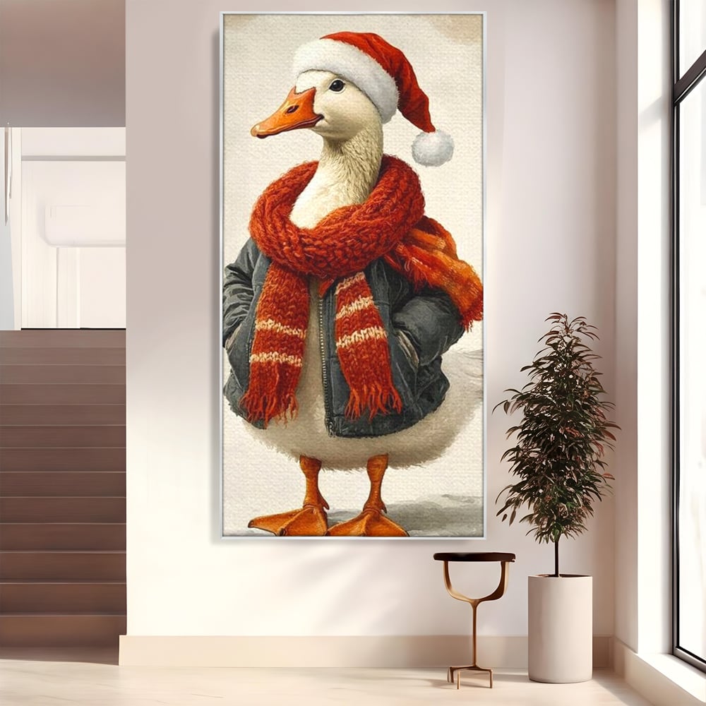 Tablou Canvas Premium, LuxCanva® D1073, Mos Rata,  Craciun, Caciula, Fular, Rosu, Geaca, Haios, Originalitate, Umor, Veselie, Pene, Plimbare, Ograda, Fashion, Copilarie, Camera Copil, Living, Dormitor