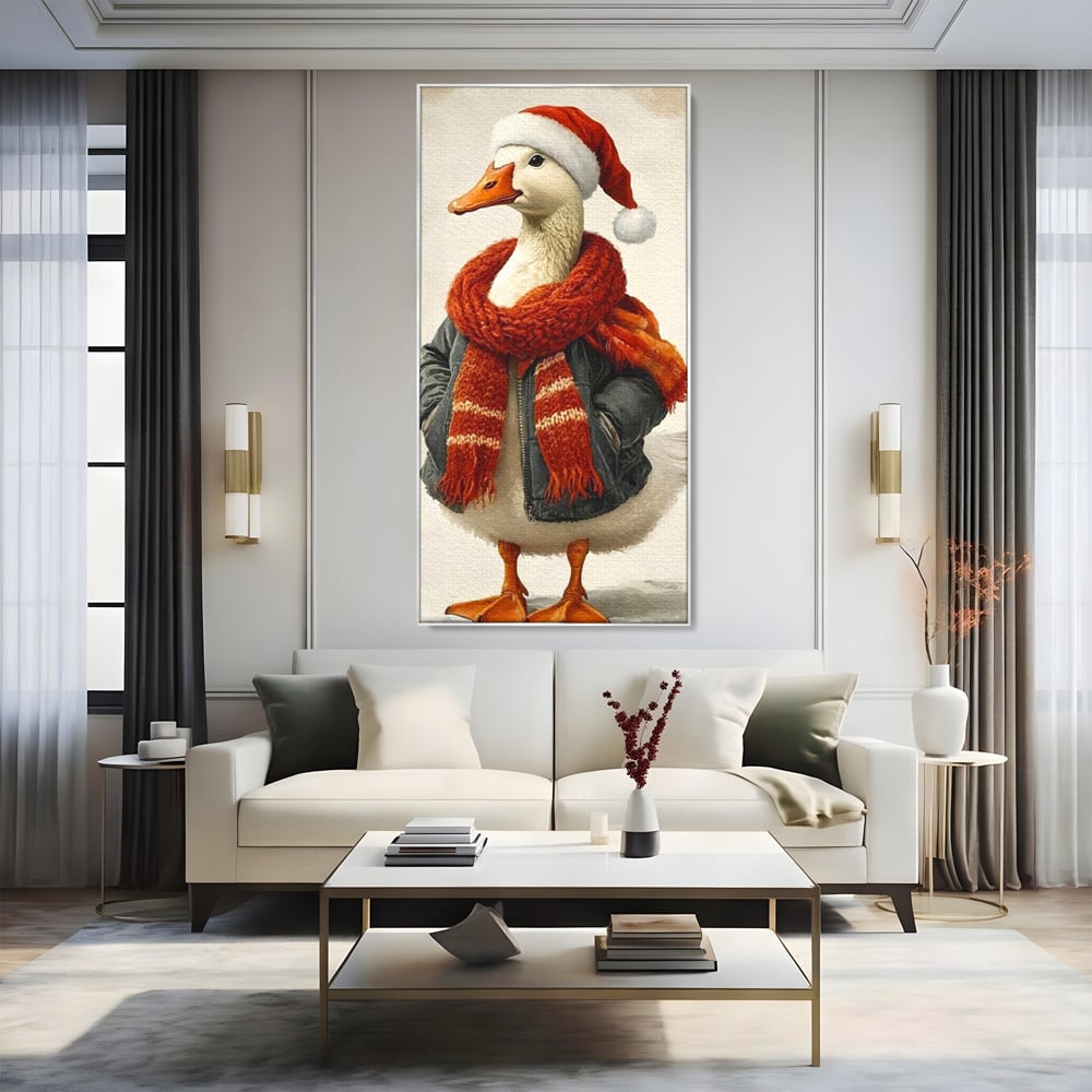 Tablou Canvas Premium, LuxCanva® D1073, Mos Rata,  Craciun, Caciula, Fular, Rosu, Geaca, Haios, Originalitate, Umor, Veselie, Pene, Plimbare, Ograda, Fashion, Copilarie, Camera Copil, Living, Dormitor