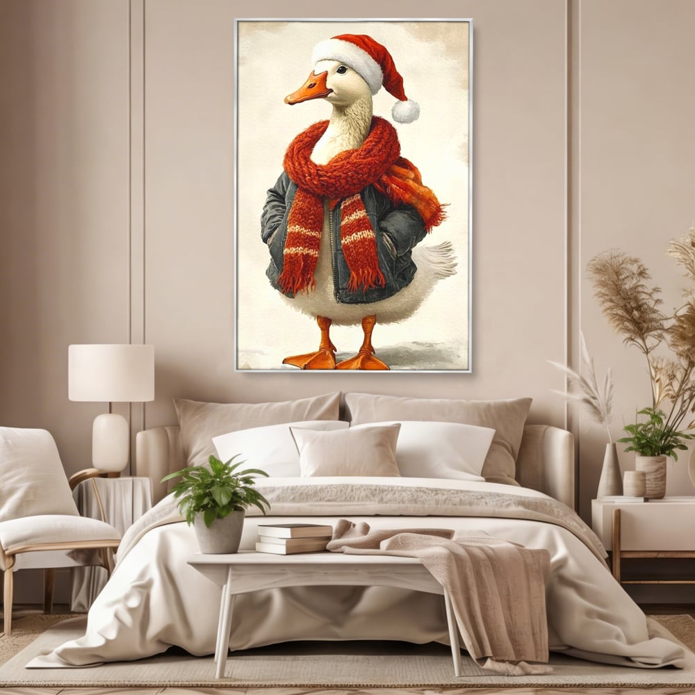 Tablou Canvas Premium, LuxCanva® D1073, Mos Rata,  Craciun, Caciula, Fular, Rosu, Geaca, Haios, Originalitate, Umor, Veselie, Pene, Plimbare, Ograda, Fashion, Copilarie, Camera Copil, Living, Dormitor