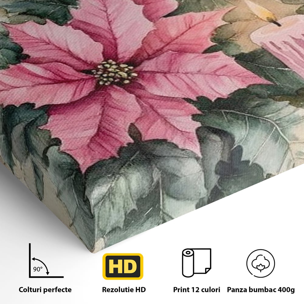 Tablou Canvas Premium, LuxCanva® D1076, Floarea Craciunului Roz, Poinsettia, Lumanari, Aprins, Craciun, Flori, Festiv, Roz, Verde, Magie, Caldura, Petale, Décor, Lumina, Camera Copil, Living, Dormitor