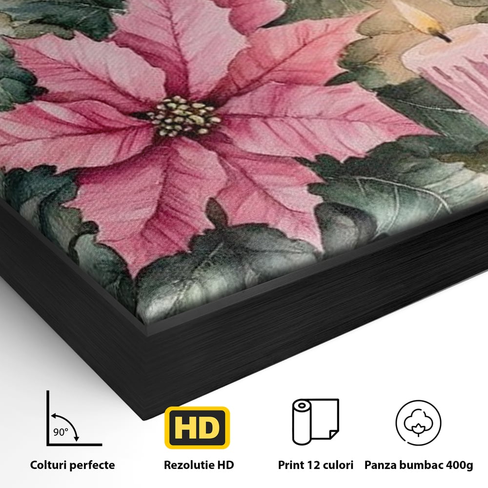 Tablou Canvas Premium, LuxCanva® D1076, Floarea Craciunului Roz, Poinsettia, Lumanari, Aprins, Craciun, Flori, Festiv, Roz, Verde, Magie, Caldura, Petale, Décor, Lumina, Camera Copil, Living, Dormitor