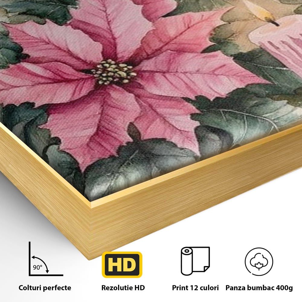 Tablou Canvas Premium, LuxCanva® D1076, Floarea Craciunului Roz, Poinsettia, Lumanari, Aprins, Craciun, Flori, Festiv, Roz, Verde, Magie, Caldura, Petale, Décor, Lumina, Camera Copil, Living, Dormitor