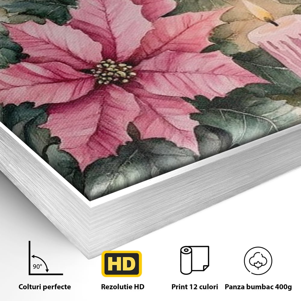Tablou Canvas Premium, LuxCanva® D1076, Floarea Craciunului Roz, Poinsettia, Lumanari, Aprins, Craciun, Flori, Festiv, Roz, Verde, Magie, Caldura, Petale, Décor, Lumina, Camera Copil, Living, Dormitor
