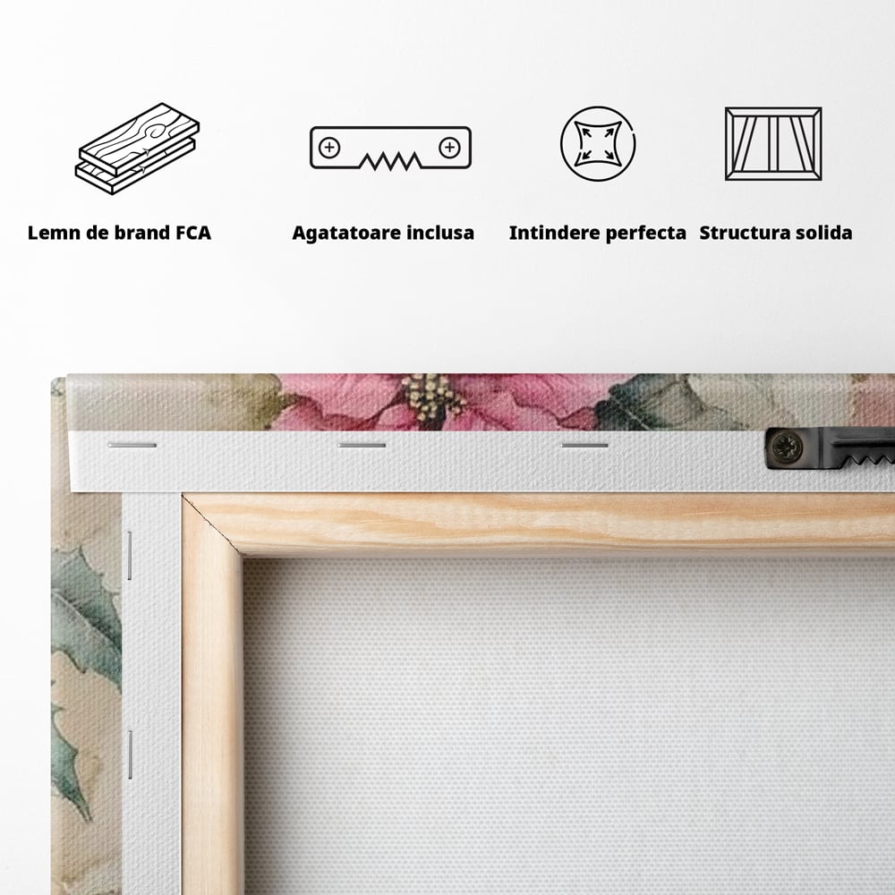 Tablou Canvas Premium, LuxCanva® D1076, Floarea Craciunului Roz, Poinsettia, Lumanari, Aprins, Craciun, Flori, Festiv, Roz, Verde, Magie, Caldura, Petale, Décor, Lumina, Camera Copil, Living, Dormitor
