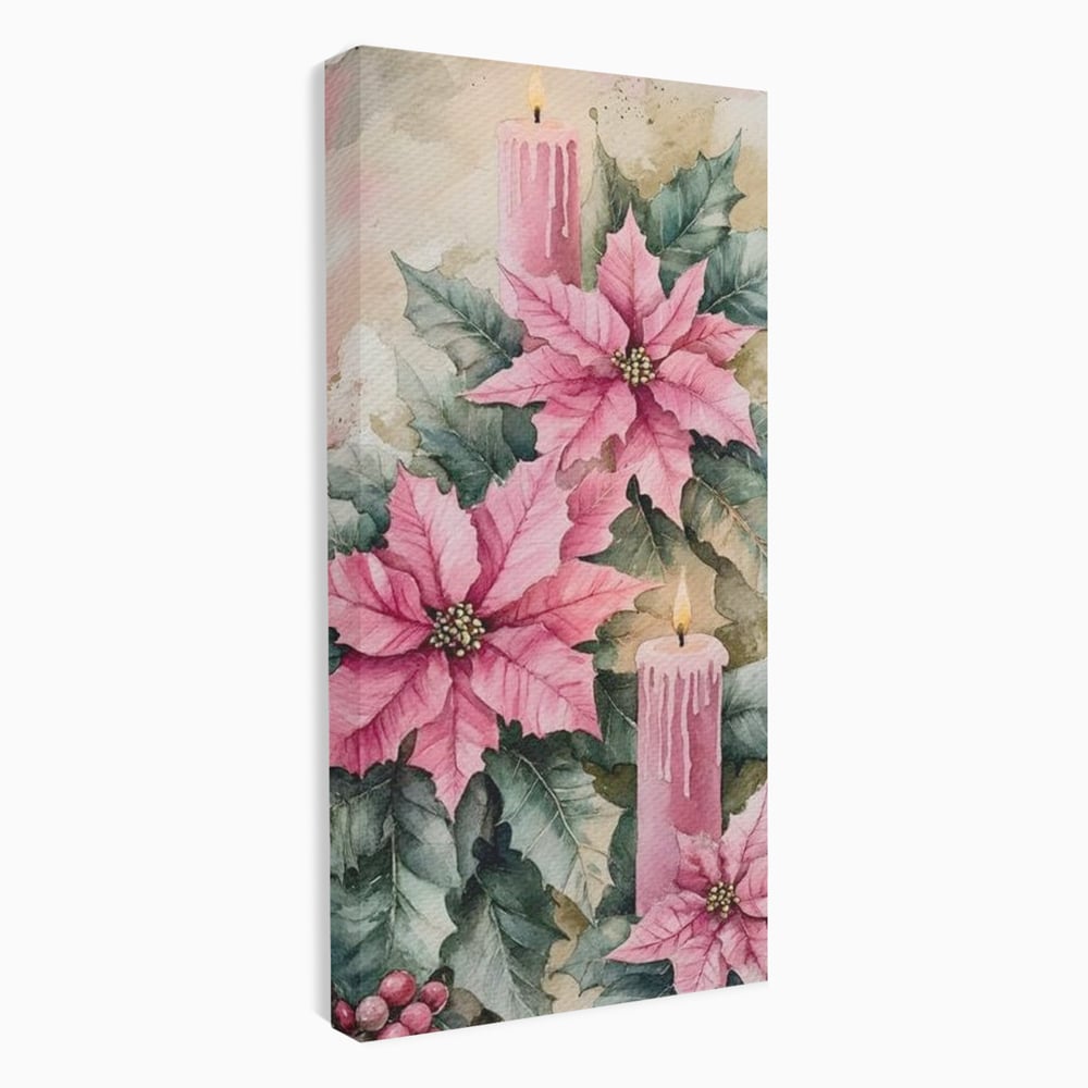 Tablou Canvas Premium, LuxCanva® D1076, Floarea Craciunului Roz, Poinsettia, Lumanari, Aprins, Craciun, Flori, Festiv, Roz, Verde, Magie, Caldura, Petale, Décor, Lumina, Camera Copil, Living, Dormitor
