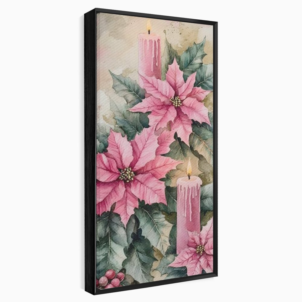 Tablou Canvas Premium, LuxCanva® D1076, Floarea Craciunului Roz, Poinsettia, Lumanari, Aprins, Craciun, Flori, Festiv, Roz, Verde, Magie, Caldura, Petale, Décor, Lumina, Camera Copil, Living, Dormitor