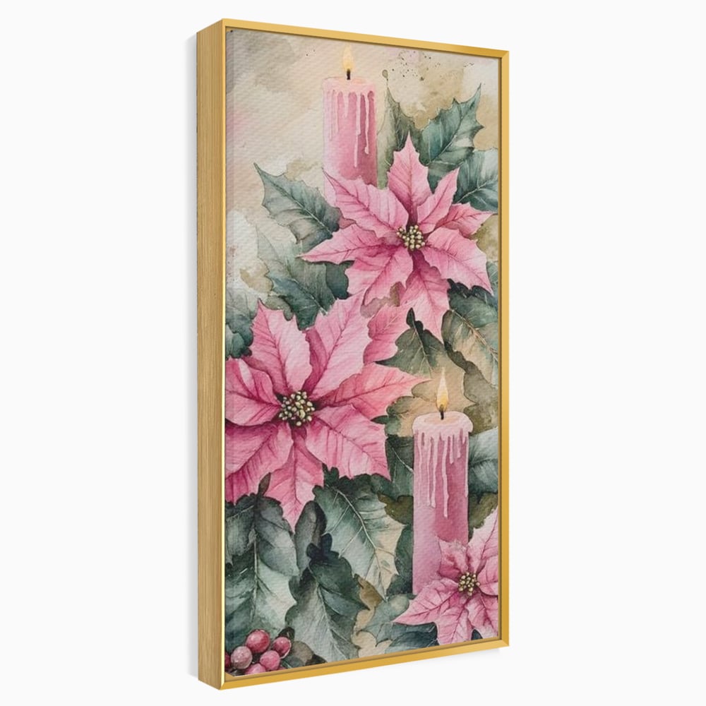 Tablou Canvas Premium, LuxCanva® D1076, Floarea Craciunului Roz, Poinsettia, Lumanari, Aprins, Craciun, Flori, Festiv, Roz, Verde, Magie, Caldura, Petale, Décor, Lumina, Camera Copil, Living, Dormitor