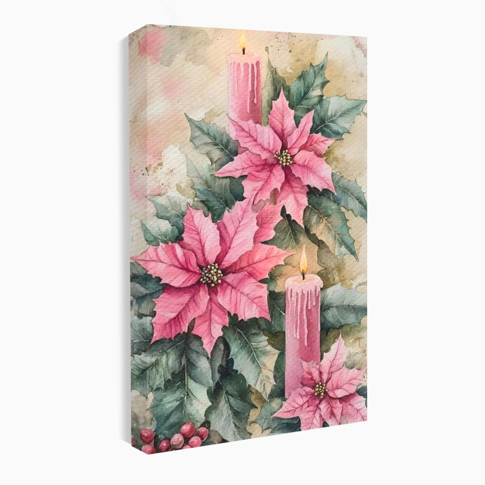 Tablou Canvas Premium, LuxCanva® D1076, Floarea Craciunului Roz, Poinsettia, Lumanari, Aprins, Craciun, Flori, Festiv, Roz, Verde, Magie, Caldura, Petale, Décor, Lumina, Camera Copil, Living, Dormitor