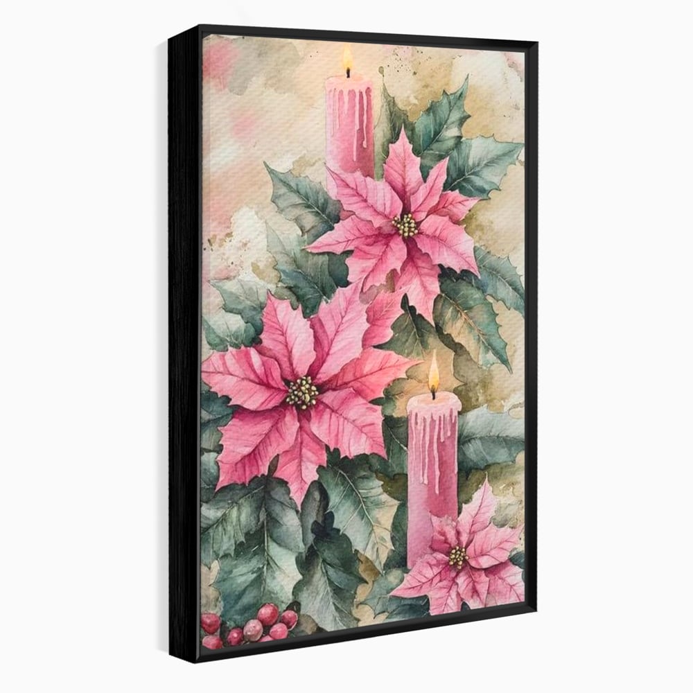 Tablou Canvas Premium, LuxCanva® D1076, Floarea Craciunului Roz, Poinsettia, Lumanari, Aprins, Craciun, Flori, Festiv, Roz, Verde, Magie, Caldura, Petale, Décor, Lumina, Camera Copil, Living, Dormitor