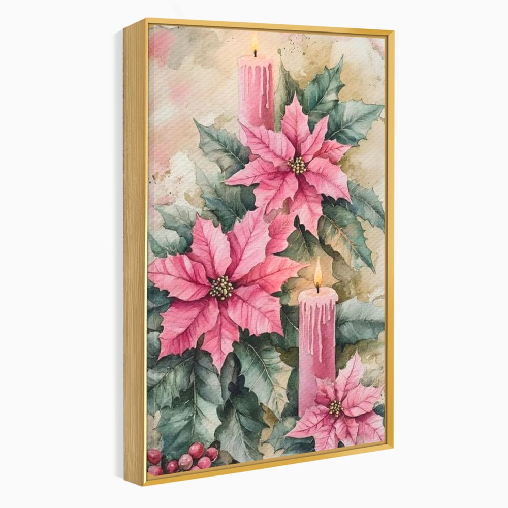 Tablou Canvas Premium, LuxCanva® D1076, Floarea Craciunului Roz, Poinsettia, Lumanari, Aprins, Craciun, Flori, Festiv, Roz, Verde, Magie, Caldura, Petale, Décor, Lumina, Camera Copil, Living, Dormitor