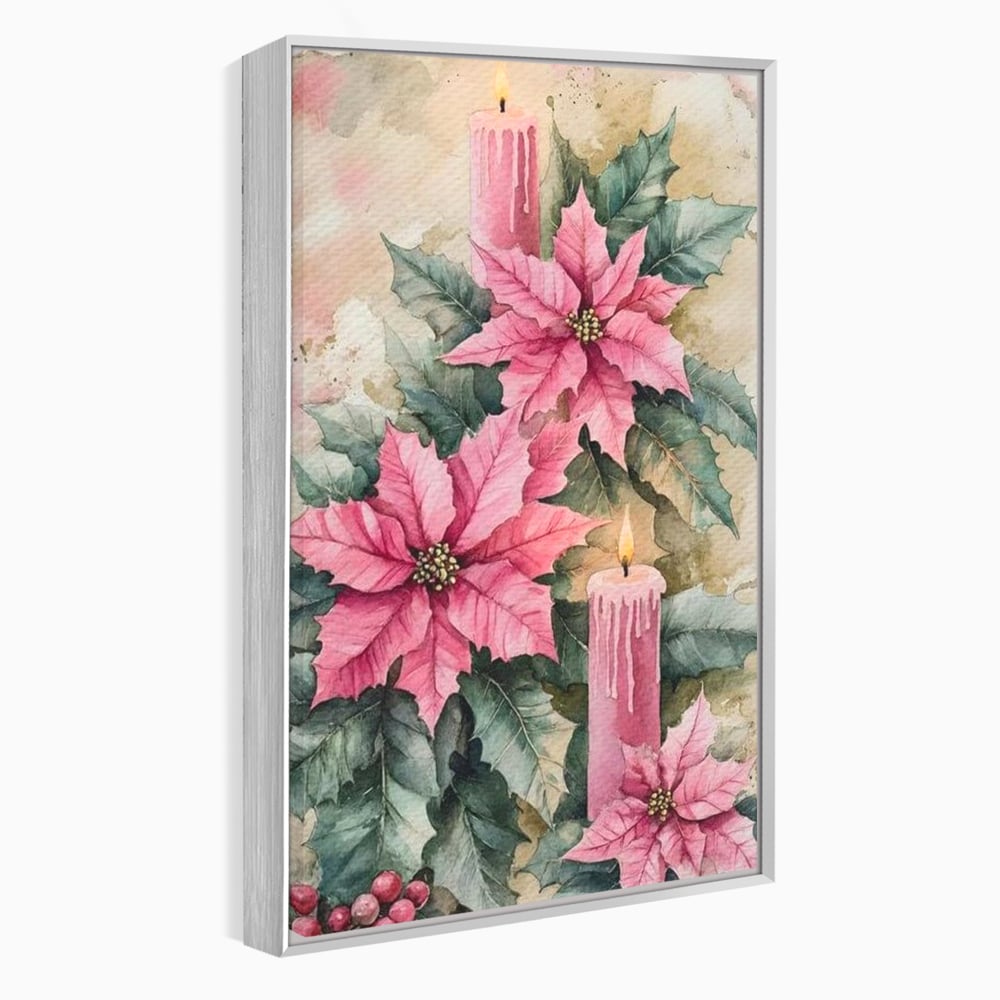 Tablou Canvas Premium, LuxCanva® D1076, Floarea Craciunului Roz, Poinsettia, Lumanari, Aprins, Craciun, Flori, Festiv, Roz, Verde, Magie, Caldura, Petale, Décor, Lumina, Camera Copil, Living, Dormitor