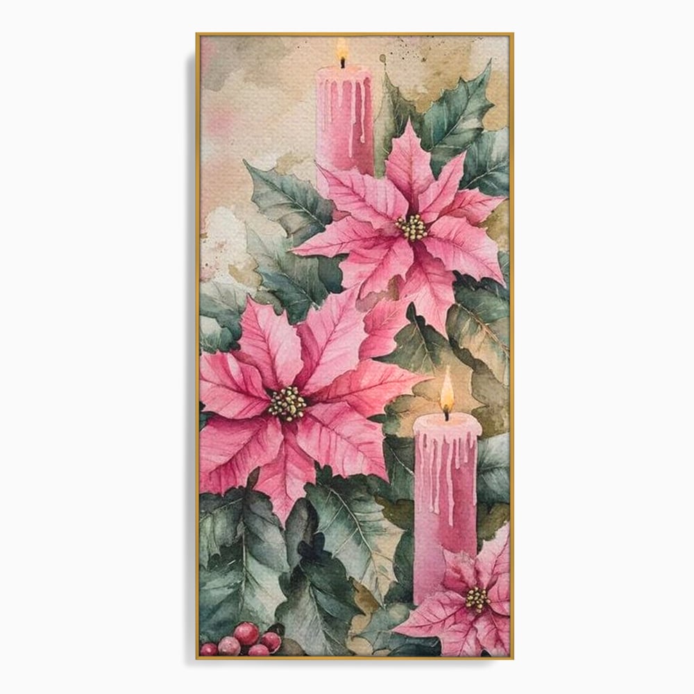 Tablou Canvas Premium, LuxCanva® D1076, Floarea Craciunului Roz, Poinsettia, Lumanari, Aprins, Craciun, Flori, Festiv, Roz, Verde, Magie, Caldura, Petale, Décor, Lumina, Camera Copil, Living, Dormitor