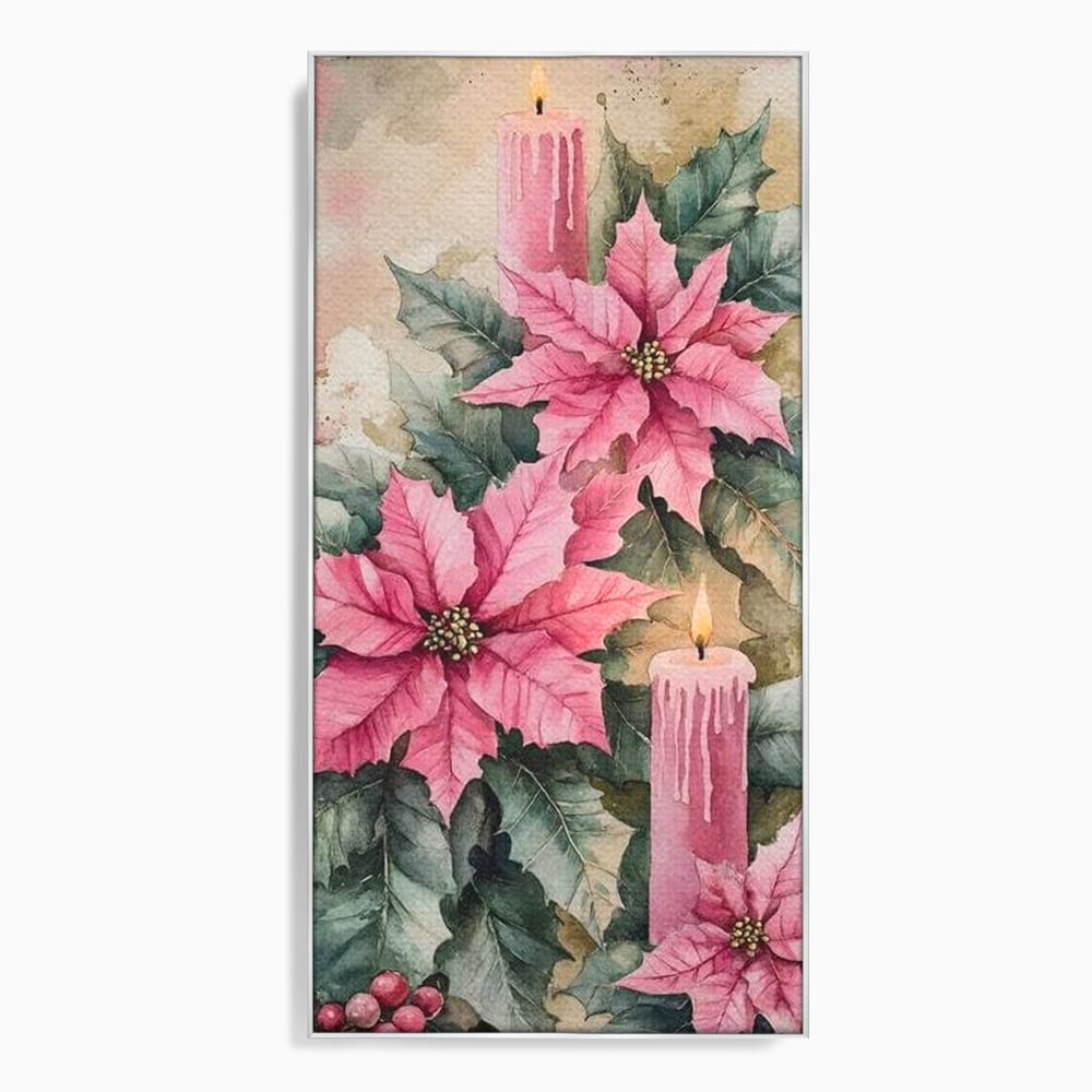 Tablou Canvas Premium, LuxCanva® D1076, Floarea Craciunului Roz, Poinsettia, Lumanari, Aprins, Craciun, Flori, Festiv, Roz, Verde, Magie, Caldura, Petale, Décor, Lumina, Camera Copil, Living, Dormitor