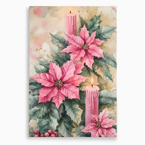Tablou Canvas Premium, LuxCanva® D1076, Floarea Craciunului Roz, Poinsettia, Lumanari, Aprins, Craciun, Flori, Festiv, Roz, Verde, Magie, Caldura, Petale, Décor, Lumina, Camera Copil, Living, Dormitor