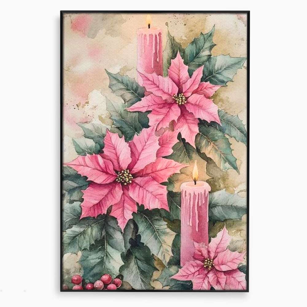 Tablou Canvas Premium, LuxCanva® D1076, Floarea Craciunului Roz, Poinsettia, Lumanari, Aprins, Craciun, Flori, Festiv, Roz, Verde, Magie, Caldura, Petale, Décor, Lumina, Camera Copil, Living, Dormitor
