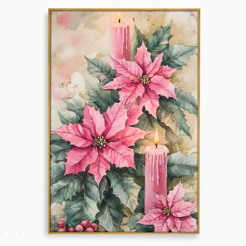 Tablou Canvas Premium, LuxCanva® D1076, Floarea Craciunului Roz, Poinsettia, Lumanari, Aprins, Craciun, Flori, Festiv, Roz, Verde, Magie, Caldura, Petale, Décor, Lumina, Camera Copil, Living, Dormitor