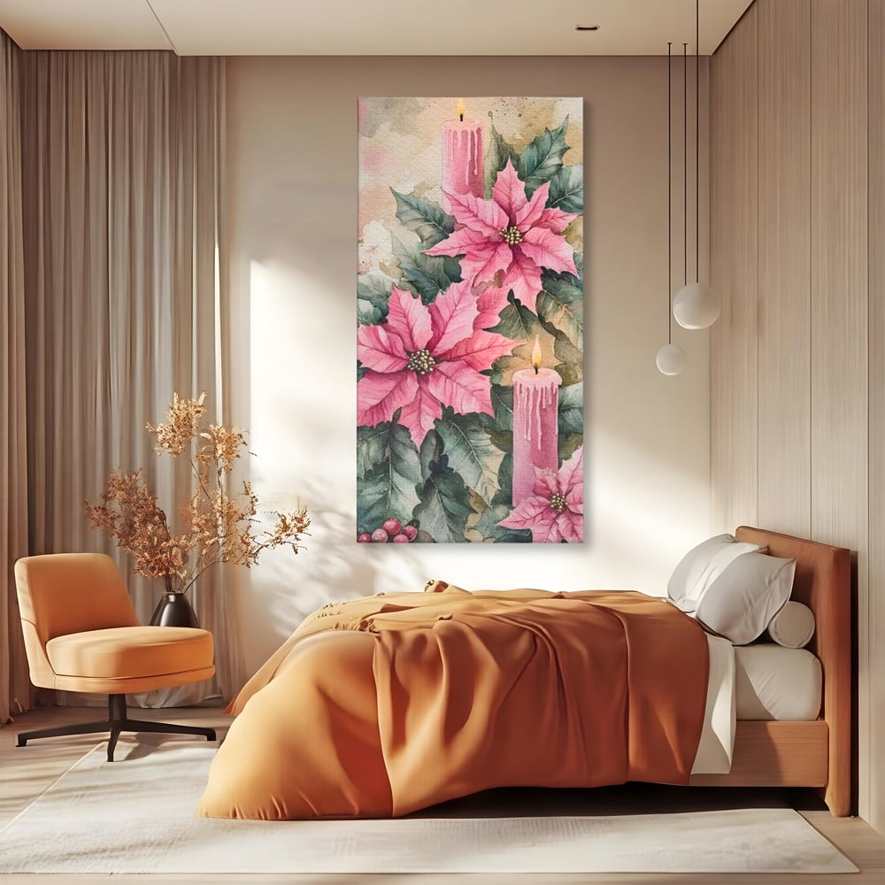 Tablou Canvas Premium, LuxCanva® D1076, Floarea Craciunului Roz, Poinsettia, Lumanari, Aprins, Craciun, Flori, Festiv, Roz, Verde, Magie, Caldura, Petale, Décor, Lumina, Camera Copil, Living, Dormitor