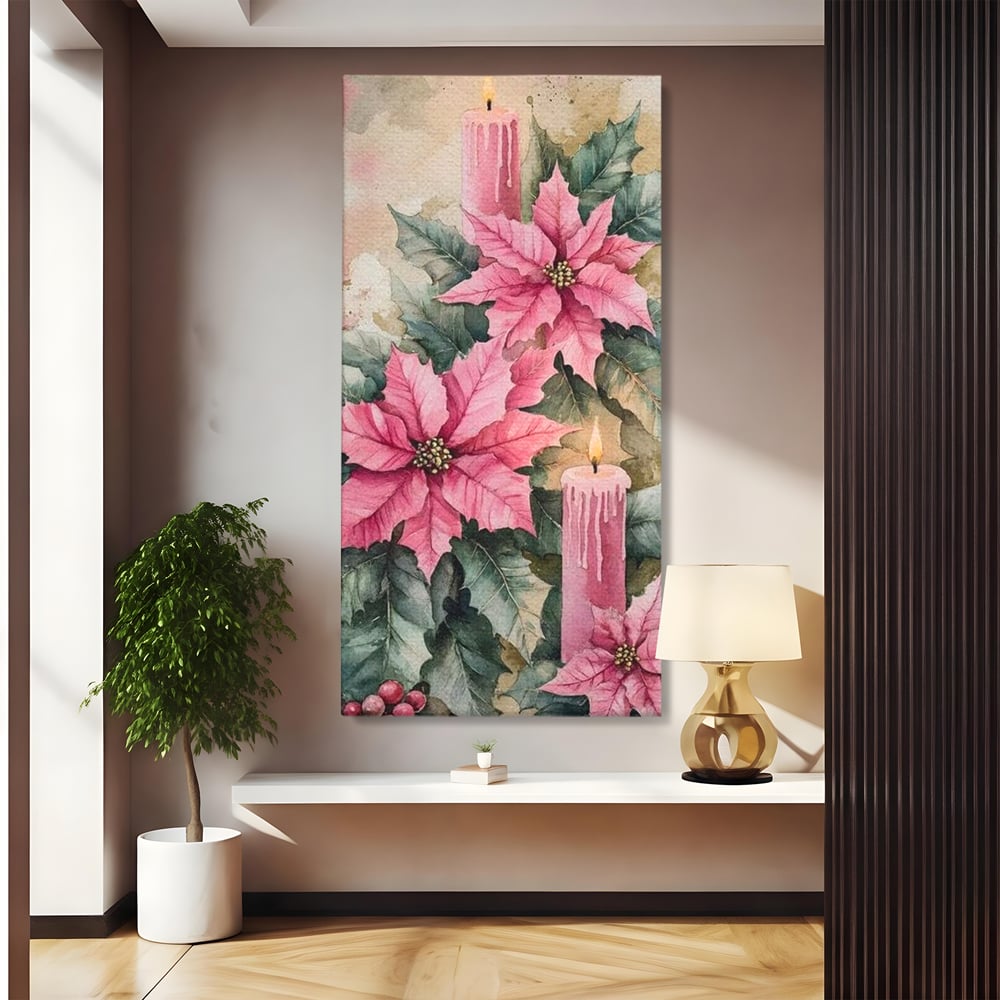 Tablou Canvas Premium, LuxCanva® D1076, Floarea Craciunului Roz, Poinsettia, Lumanari, Aprins, Craciun, Flori, Festiv, Roz, Verde, Magie, Caldura, Petale, Décor, Lumina, Camera Copil, Living, Dormitor
