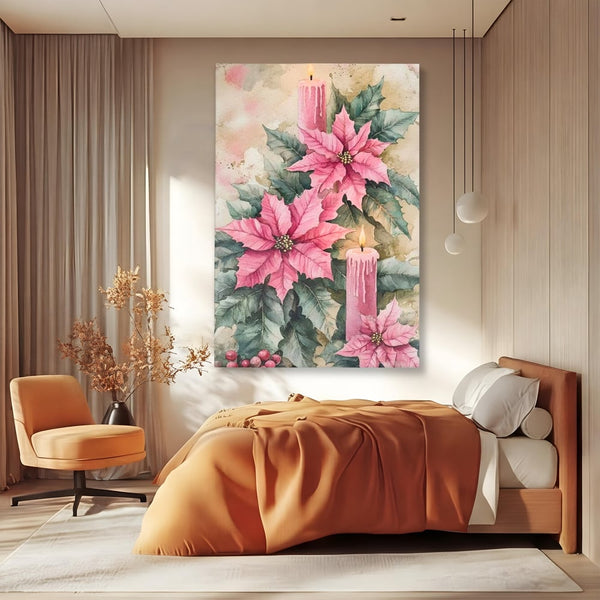 Tablou Canvas Premium, LuxCanva® D1076, Floarea Craciunului Roz, Poinsettia, Lumanari, Aprins, Craciun, Flori, Festiv, Roz, Verde, Magie, Caldura, Petale, Décor, Lumina, Camera Copil, Living, Dormitor