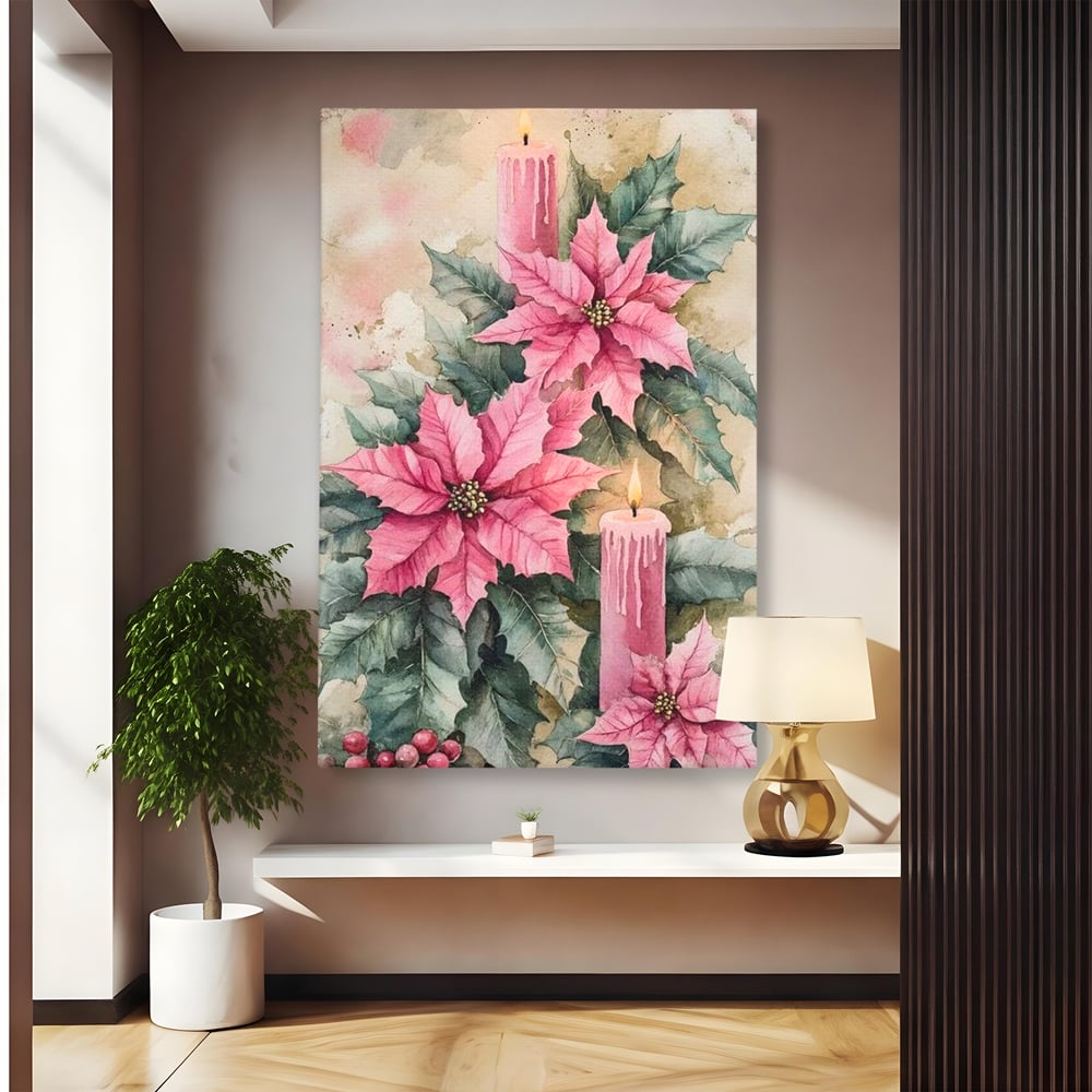 Tablou Canvas Premium, LuxCanva® D1076, Floarea Craciunului Roz, Poinsettia, Lumanari, Aprins, Craciun, Flori, Festiv, Roz, Verde, Magie, Caldura, Petale, Décor, Lumina, Camera Copil, Living, Dormitor