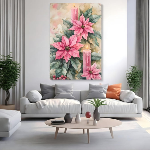 Tablou Canvas Premium, LuxCanva® D1076, Floarea Craciunului Roz, Poinsettia, Lumanari, Aprins, Craciun, Flori, Festiv, Roz, Verde, Magie, Caldura, Petale, Décor, Lumina, Camera Copil, Living, Dormitor