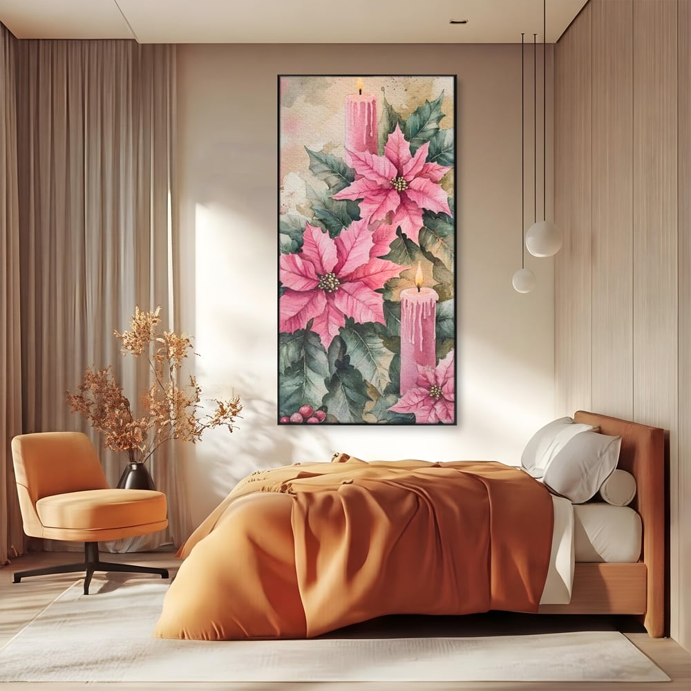 Tablou Canvas Premium, LuxCanva® D1076, Floarea Craciunului Roz, Poinsettia, Lumanari, Aprins, Craciun, Flori, Festiv, Roz, Verde, Magie, Caldura, Petale, Décor, Lumina, Camera Copil, Living, Dormitor