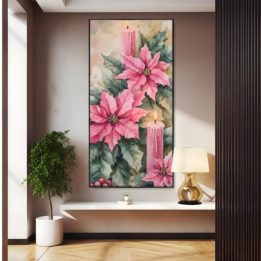 Tablou Canvas Premium, LuxCanva® D1076, Floarea Craciunului Roz, Poinsettia, Lumanari, Aprins, Craciun, Flori, Festiv, Roz, Verde, Magie, Caldura, Petale, Décor, Lumina, Camera Copil, Living, Dormitor