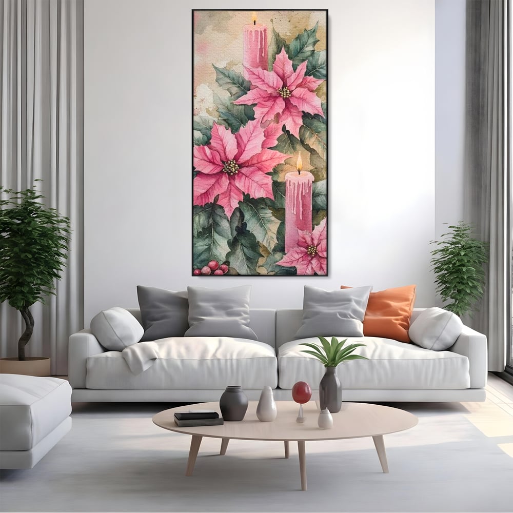 Tablou Canvas Premium, LuxCanva® D1076, Floarea Craciunului Roz, Poinsettia, Lumanari, Aprins, Craciun, Flori, Festiv, Roz, Verde, Magie, Caldura, Petale, Décor, Lumina, Camera Copil, Living, Dormitor