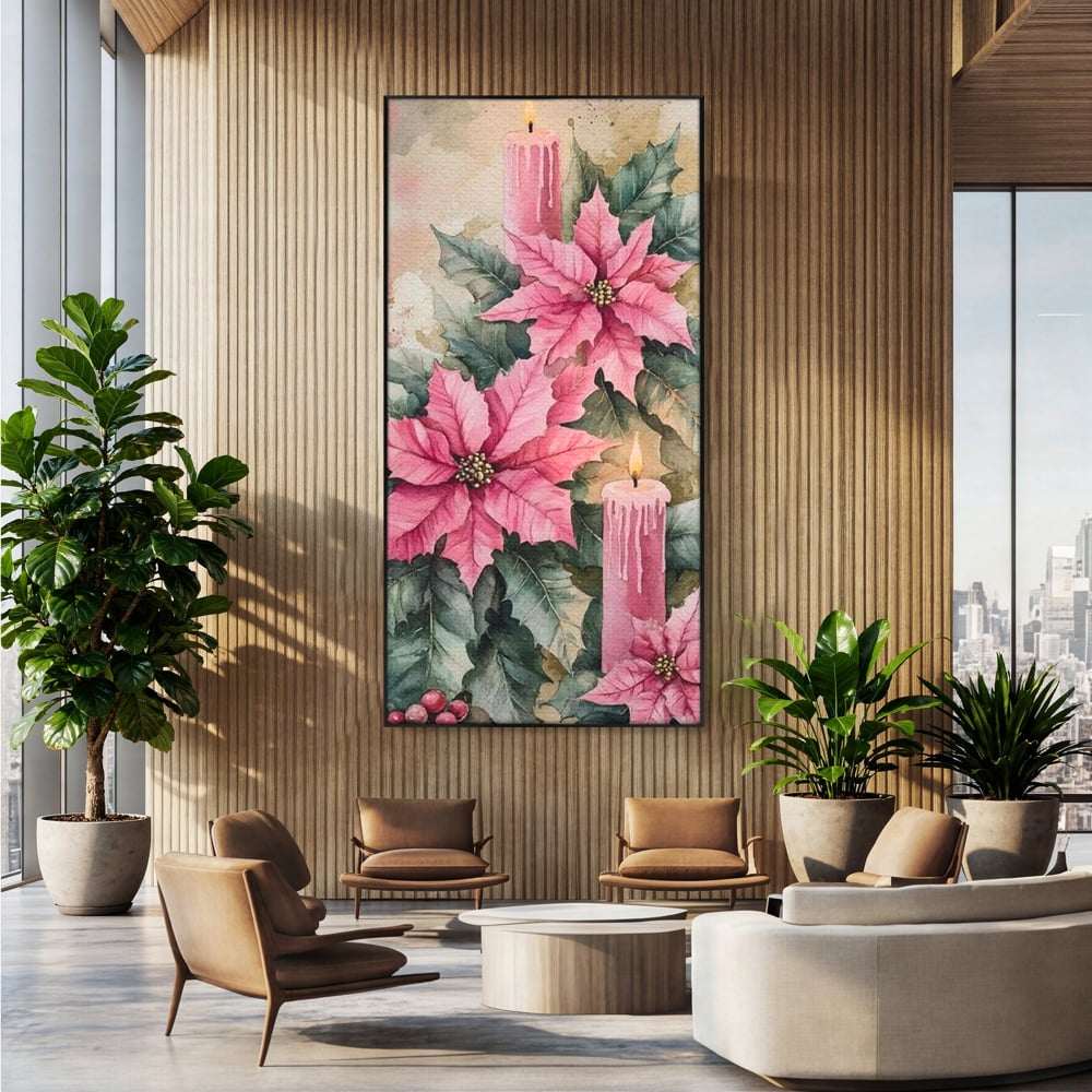 Tablou Canvas Premium, LuxCanva® D1076, Floarea Craciunului Roz, Poinsettia, Lumanari, Aprins, Craciun, Flori, Festiv, Roz, Verde, Magie, Caldura, Petale, Décor, Lumina, Camera Copil, Living, Dormitor