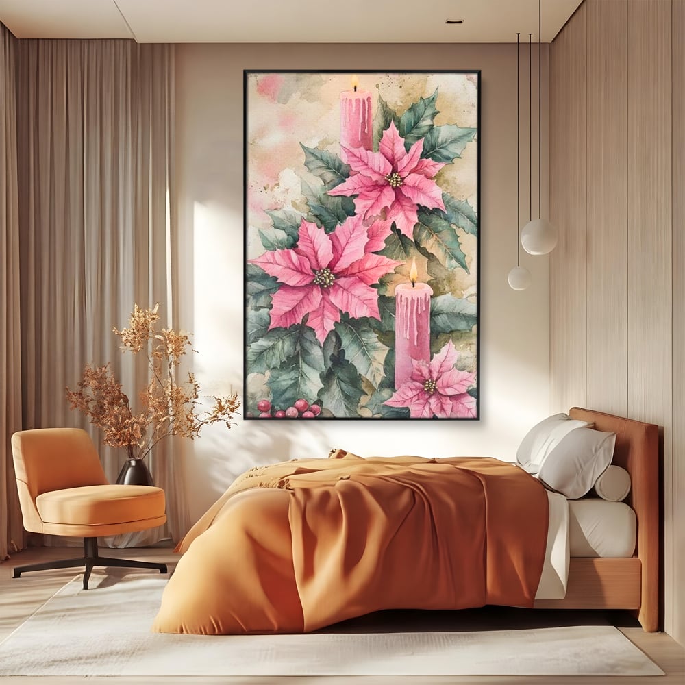 Tablou Canvas Premium, LuxCanva® D1076, Floarea Craciunului Roz, Poinsettia, Lumanari, Aprins, Craciun, Flori, Festiv, Roz, Verde, Magie, Caldura, Petale, Décor, Lumina, Camera Copil, Living, Dormitor