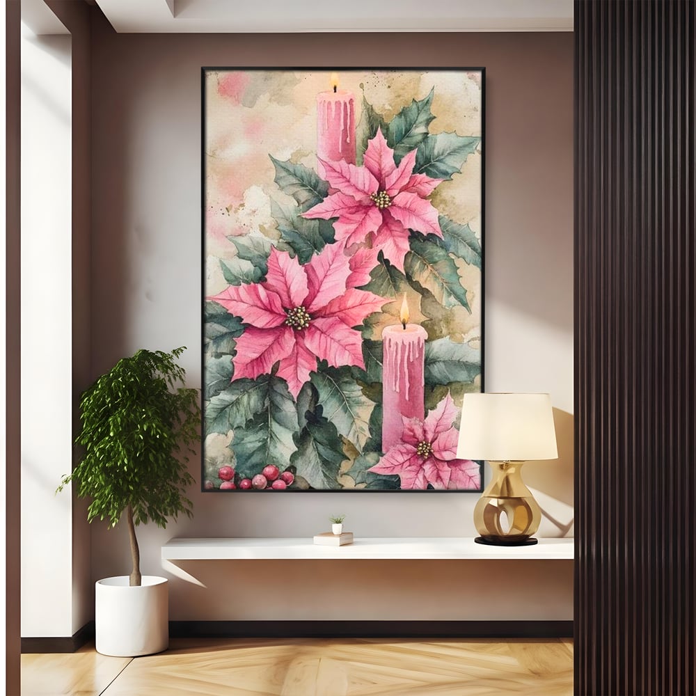 Tablou Canvas Premium, LuxCanva® D1076, Floarea Craciunului Roz, Poinsettia, Lumanari, Aprins, Craciun, Flori, Festiv, Roz, Verde, Magie, Caldura, Petale, Décor, Lumina, Camera Copil, Living, Dormitor