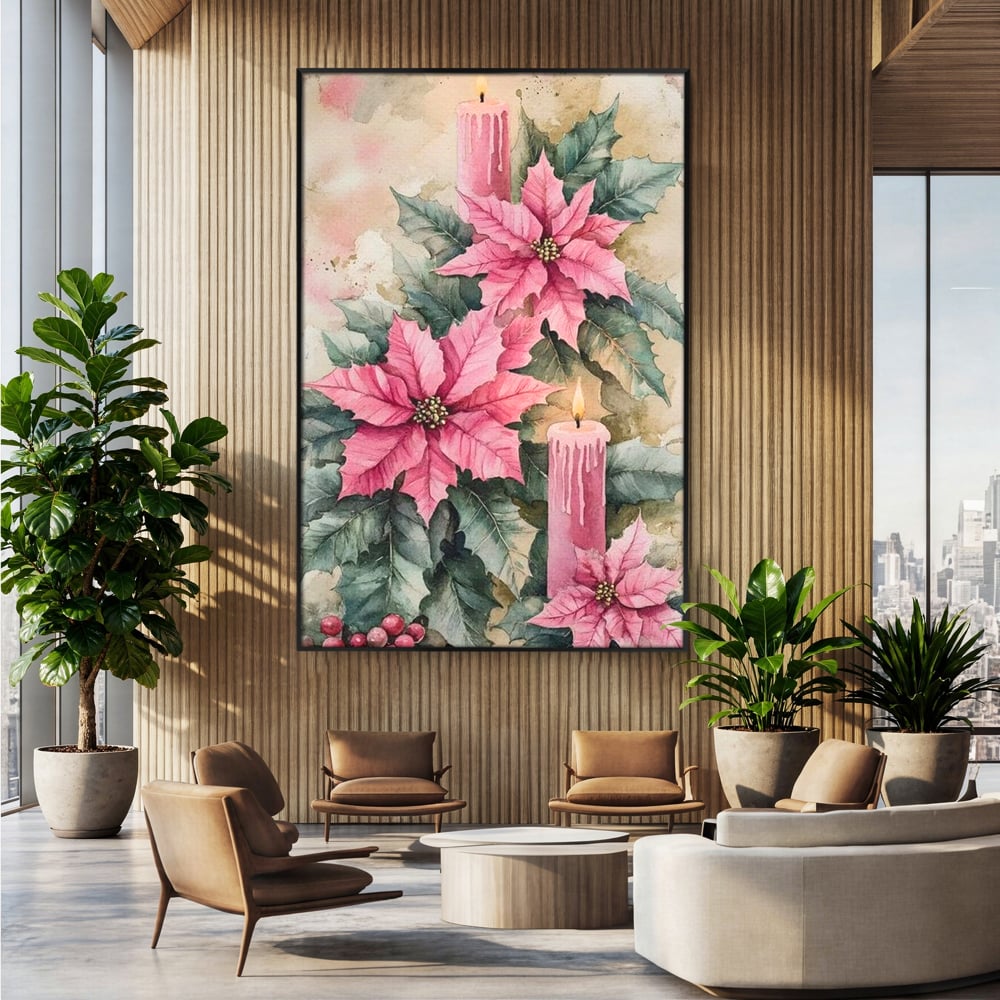 Tablou Canvas Premium, LuxCanva® D1076, Floarea Craciunului Roz, Poinsettia, Lumanari, Aprins, Craciun, Flori, Festiv, Roz, Verde, Magie, Caldura, Petale, Décor, Lumina, Camera Copil, Living, Dormitor