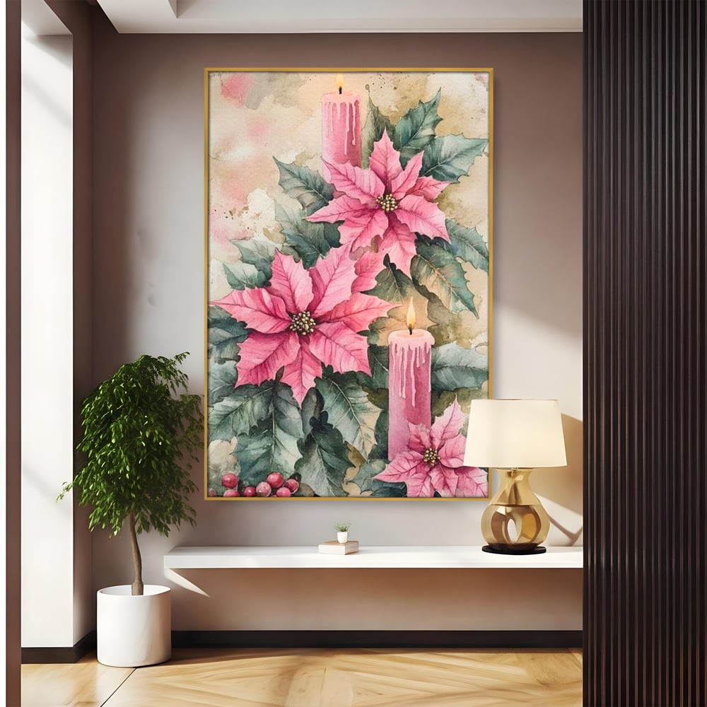 Tablou Canvas Premium, LuxCanva® D1076, Floarea Craciunului Roz, Poinsettia, Lumanari, Aprins, Craciun, Flori, Festiv, Roz, Verde, Magie, Caldura, Petale, Décor, Lumina, Camera Copil, Living, Dormitor