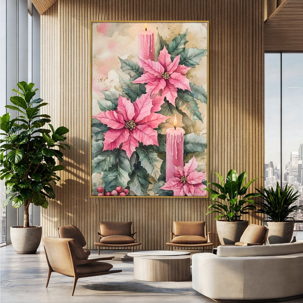 Tablou Canvas Premium, LuxCanva® D1076, Floarea Craciunului Roz, Poinsettia, Lumanari, Aprins, Craciun, Flori, Festiv, Roz, Verde, Magie, Caldura, Petale, Décor, Lumina, Camera Copil, Living, Dormitor