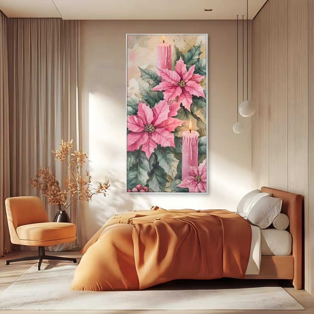 Tablou Canvas Premium, LuxCanva® D1076, Floarea Craciunului Roz, Poinsettia, Lumanari, Aprins, Craciun, Flori, Festiv, Roz, Verde, Magie, Caldura, Petale, Décor, Lumina, Camera Copil, Living, Dormitor