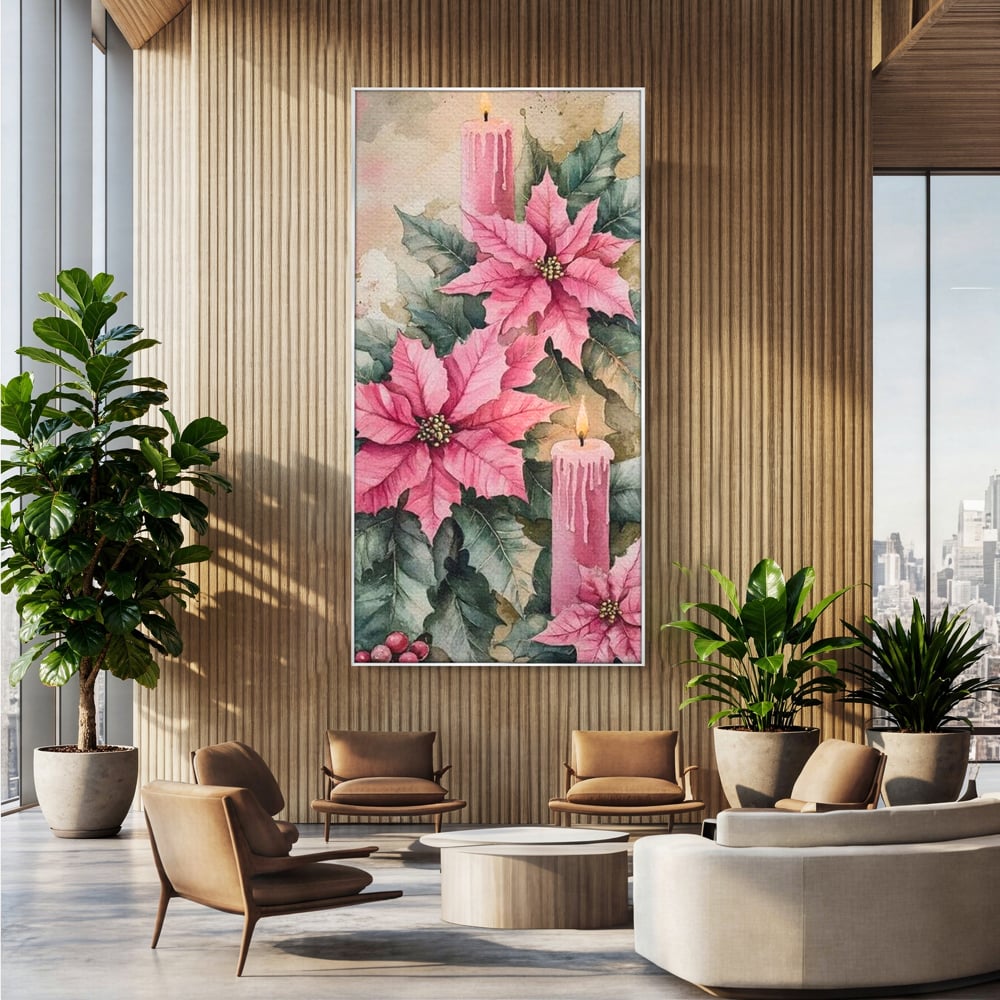 Tablou Canvas Premium, LuxCanva® D1076, Floarea Craciunului Roz, Poinsettia, Lumanari, Aprins, Craciun, Flori, Festiv, Roz, Verde, Magie, Caldura, Petale, Décor, Lumina, Camera Copil, Living, Dormitor